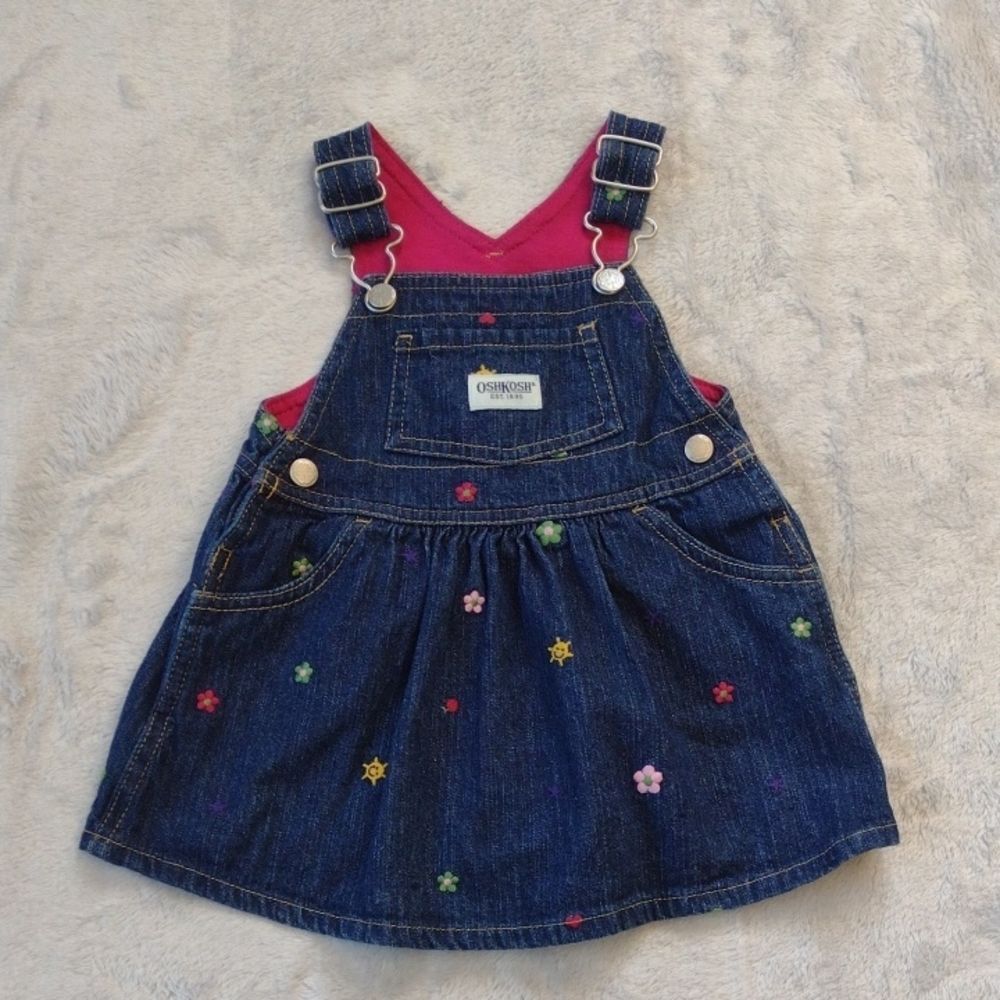 Vintage OshKosh Denim Floral Embroidered Overall Dress Size 12 Months